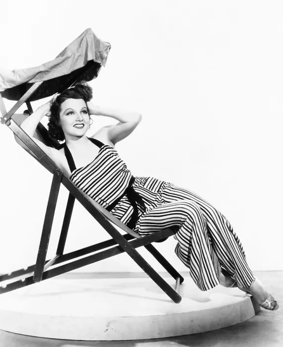 Framed Print : Ann Sheridan in a one-piece beach pyjama of roman striped silk jersey, from Desmond's, Wilshiro, 1935