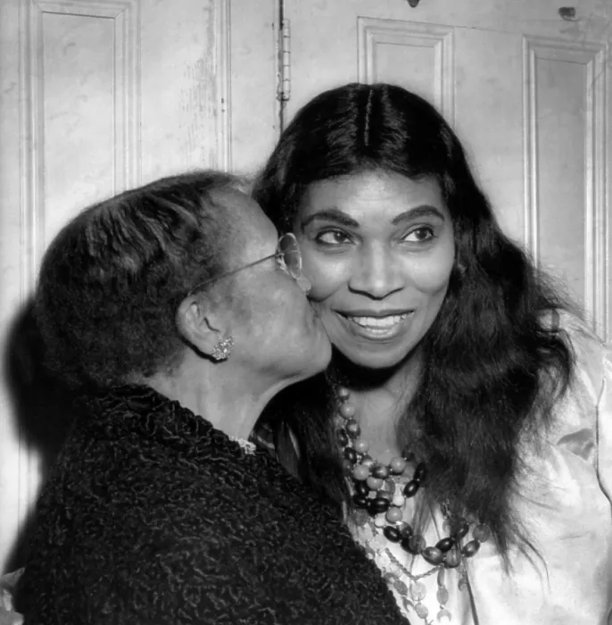 Framed Print : Anna Anderson kisses her daughter, singer Marian Anderson, after a performance of Verdi's The Masked Ball at the Metropolitan Opera, 1955