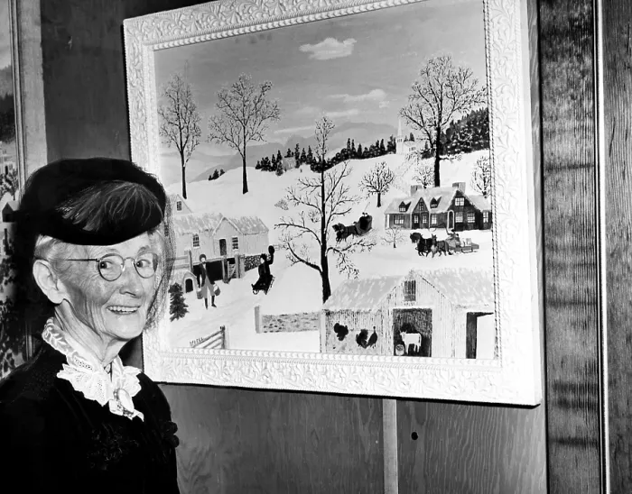 Framed Print : Anna Marie Robertson Moses (AKA Grandma Moses), in front of her painting at the 22nd annual Women's International Exposition of Arts and Industries ata Madison Square Garden