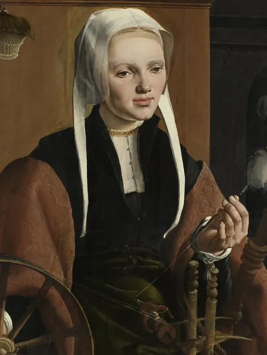 Framed Print : Anne Codde, wife of Pieter Gerritsz Bicker, by Maarten van Heemskerck, 1529, Dutch painting, oil on panel. Seated at a spinning wheel, which was a symbol of the virtuous woman