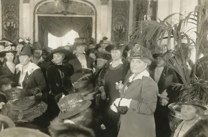 Framed Print : Anne Morgan (tall woman at center left) hosting an National Service meeting at her Sutton Place home. April 27, 1917