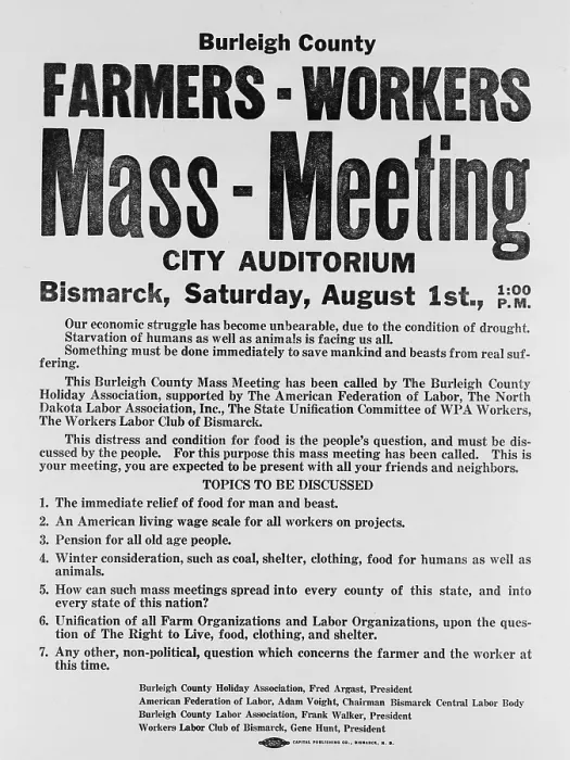 Framed Print : Announcement for a 1937 Farmers Mass meeting sponsored by organized labor, listed demands for relief, wages and pensions