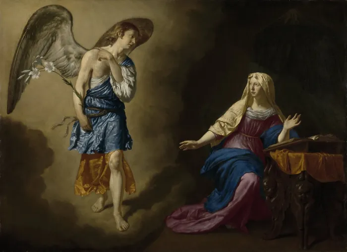 Framed Print : The Annunciation, by Adriaen van de Velde, 1667, Dutch painting, oil on canvas. Standing on a cloud, the angel announces to Mary that she will conceive and bear God's son