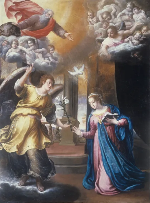 Framed Print : Annunciation, by Bernardino Baldi, 1612 - 1615, 17th Century, oil on canvas - Italy, Emilia Romagna, Forl, Civic Collection Melozzo degli Ambrogi. Whole artwor view Framed Print : Annunciation, by Bernardino Baldi, 1612 - 1615, 17th Century, oil on canvas - Italy, Emilia Romagna, Forl, Civic Collection Melozzo degli Ambrogi. Whole artwor view