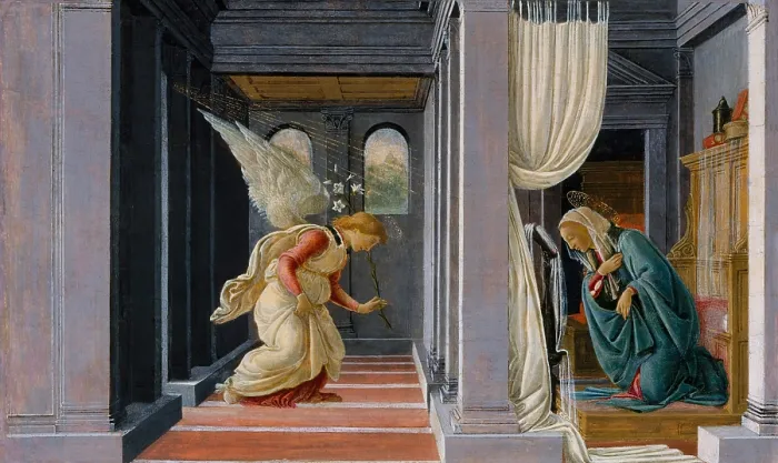 Framed Print : THE ANNUNCIATION, by Botticelli, 1485-92, Italian Renaissance painting, tempera, gold on wood