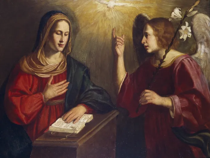 Framed Print : Annunciation, by Giulio Bistolli, 17th Century, oil on canvas - Italy, Emilia Romagna, Sant'Arcangelo di Romagna, Civic Library. Whole artwork view