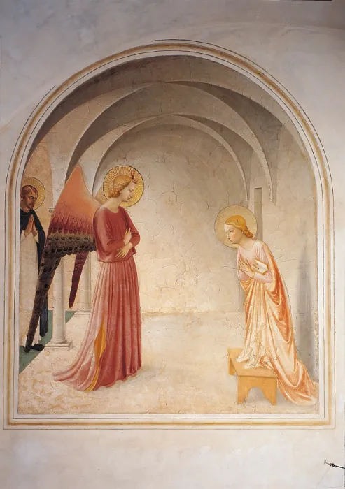 Framed Print : The Annunciation, by Guido di Pietro (Piero) known as Beato Angelico, 1438 - 1446 about, 15th Century, fresco, cm 190 x 164 - Italy, Tuscany, Florence, San Marco Convent, cell 3 Framed Print : The Annunciation, by Guido di Pietro (Piero) known as Beato Angelico, 1438 - 1446 about, 15th Century, fresco, cm 190 x 164 - Italy, Tuscany, Florence, San Marco Convent, cell 3
