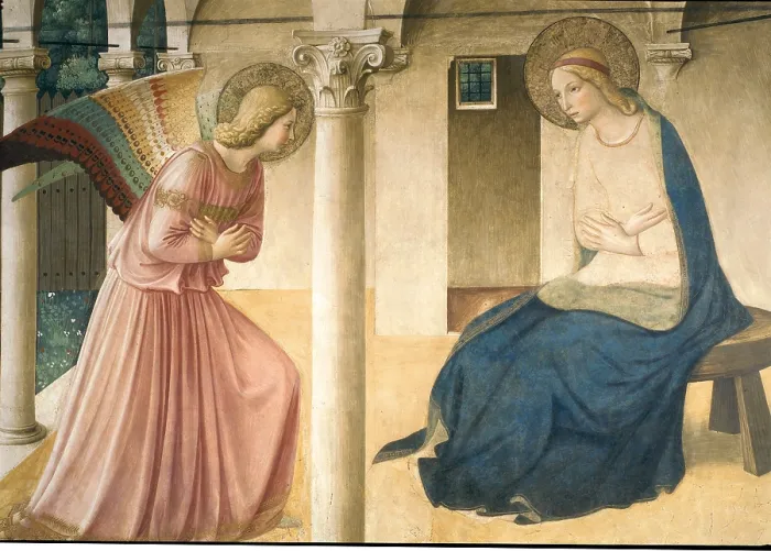 Framed Print : The Annunciation, by Guido di Pietro (Piero) known as Beato Angelico, 1438 - 1446 about, 15th Century, fresco, cm 230 x 321 - Italy, Lombardy, Milan
