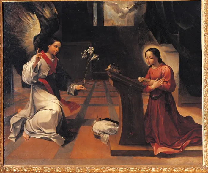 Framed Print : Annunciation, by Ludovico Carracci, 1585 about, 16th Century, oil on canvas, cm 182, 5 x 221 - Italy, Emilia Romagna, Bologna, National Picture Gallery Framed Print : Annunciation, by Ludovico Carracci, 1585 about, 16th Century, oil on canvas, cm 182, 5 x 221 - Italy, Emilia Romagna, Bologna, National Picture Gallery