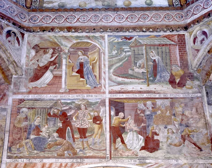 Framed Print : Annunciation, Nativity, Adoration of the Magi, Massacre of the Innocents, by Unknown Artist, 15th Century, fresco - Italy, Lombardy, Castelleone, Saint Mary of Bressanoro. Detail Framed Print : Annunciation, Nativity, Adoration of the Magi, Massacre of the Innocents, by Unknown Artist, 15th Century, fresco - Italy, Lombardy, Castelleone, Saint Mary of Bressanoro. Detail