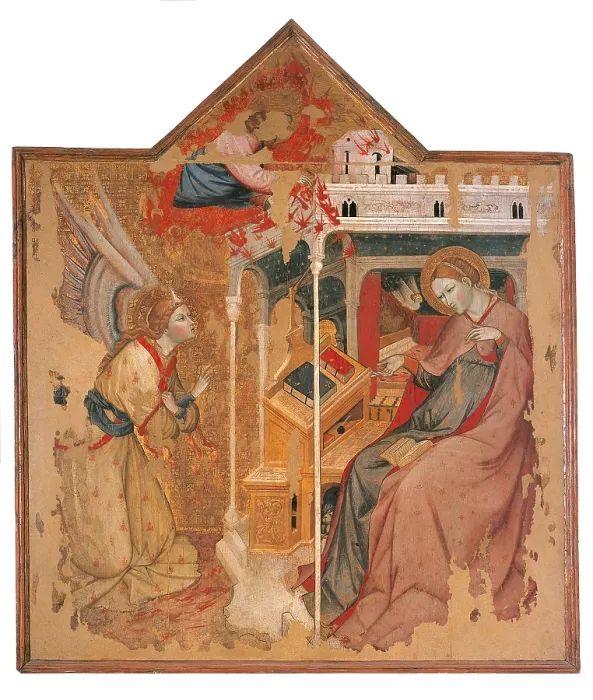 Framed Print : The Annunciation, by Olivuccio di Ciccarello da Camerino, Carlo da Camerino, 1396 about, 14th Century, panel, cm 185 x 158 - Italy, Marche, Pesaro Urbino, Urbino, Palazzo Ducale