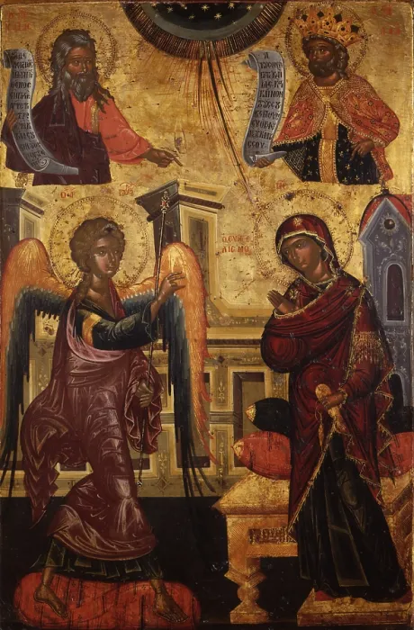 Framed Print : Annunciation, by Onufri Qiprioti, begin of the 17th Century, tempera on wood - Albania, Berat, Onufri Museum. Whole artwork view