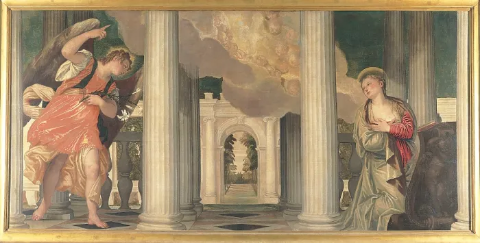 Framed Print : Annunciation, by Paolo Caliari also known as Veronese, 1556, 16th Century, oil on canvas, 143 x 291 cm - Italy, Tuscany, Florence, Uffizi Gallery. Whole artwork view