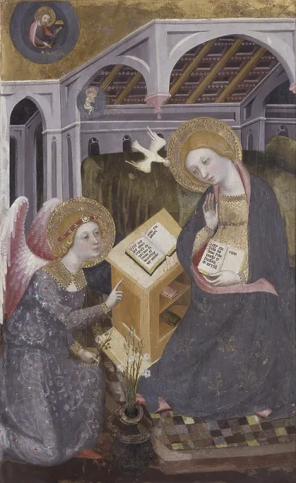 Framed Print : Annunciation, by Pedro Serra, 19th century, tempera on panel. - Italy, Lombardy, Milan, Brera Collection. Whole artwork view. The angel Gabriel kneeling in front of Mary