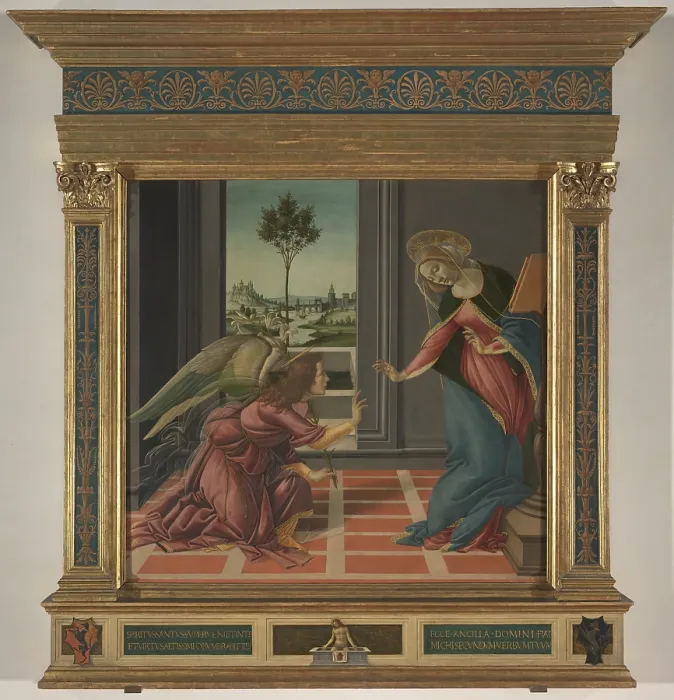 Framed Print : The Annunciation, by Sandro Filipepi Known as Botticelli, 1489 - 1490, 15th Century, panel, cm 150 x 156 - Italy, Tuscany, Florence, Uffizi Gallery