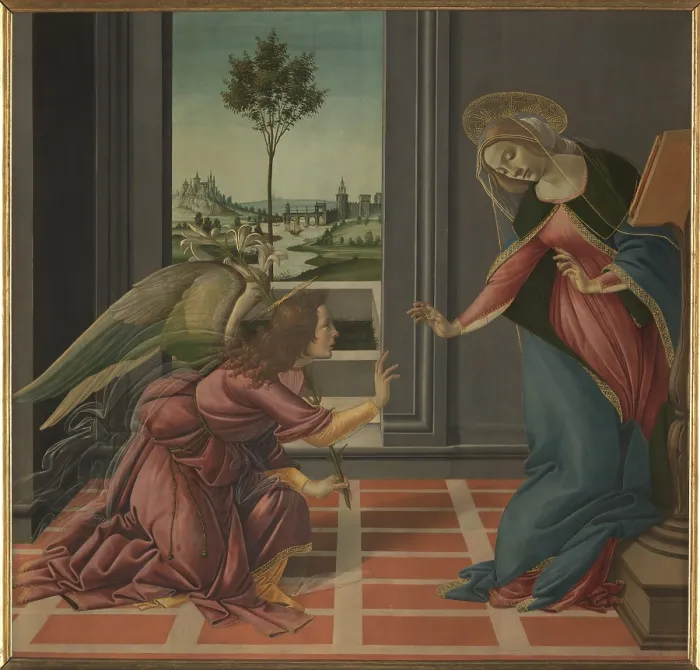 Framed Print : The Annunciation, by Sandro Filipepi Known as Botticelli, 1489 - 1490, 15th Century, panel, cm 150 x 156 - Italy, Tuscany, Florence, Uffizi Gallery Framed Print : The Annunciation, by Sandro Filipepi Known as Botticelli, 1489 - 1490, 15th Century, panel, cm 150 x 156 - Italy, Tuscany, Florence, Uffizi Gallery