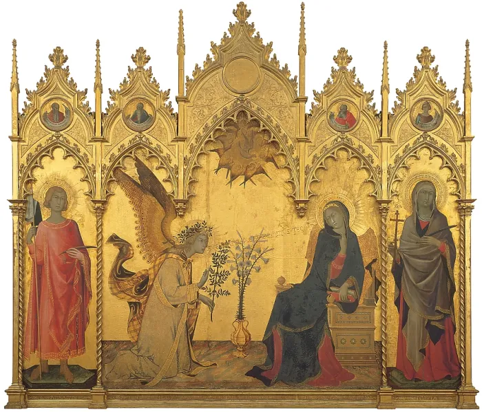 Framed Print : Annunciation, by Simone Martini, Lippo Memmi, 1333, 14th Century, tempera on panel, cm 265 x 305 - Italy, Tuscany, Florence, Uffizi Gallery. In the Gallery collections since 1799 Framed Print : Annunciation, by Simone Martini, Lippo Memmi, 1333, 14th Century, tempera on panel, cm 265 x 305 - Italy, Tuscany, Florence, Uffizi Gallery. In the Gallery collections since 1799