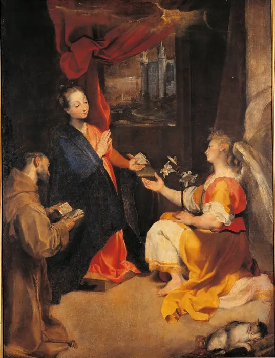 Framed Print : The Annunciation with St Francis, by school of Federico Fiori known as Barocci (or Baroccio), 17th Century, oil on canvas, cm 218 x 161 - Italy, Lombardy, Milan Framed Print : The Annunciation with St Francis, by school of Federico Fiori known as Barocci (or Baroccio), 17th Century, oil on canvas, cm 218 x 161 - Italy, Lombardy, Milan