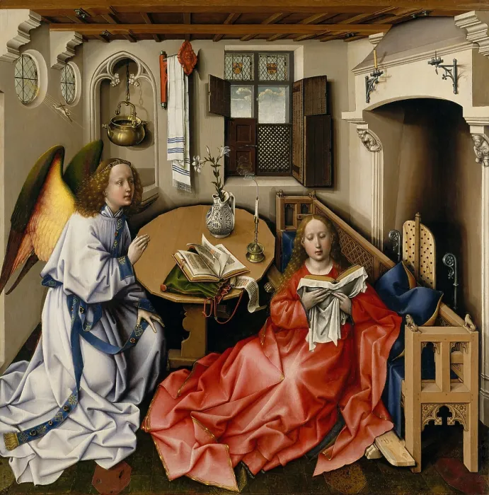 Framed Print : ANNUNCIATION TRIPTYCH, by Workshop of Robert Campin, 1427-32, Northern Renaissance oil painting