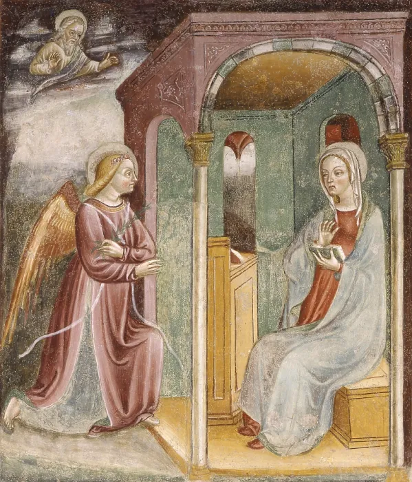 Framed Print : Annunciation, by Unknown Artist, 11th Century, fresco - Italy, Lombardy, Pavia, Church of Saint Mary of the Carmine. Whole artwork view