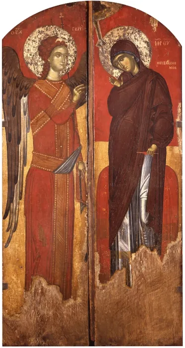 Framed Print : Annunciation, by Unknown Artist from Kora, tempera on wood - Albania, Kora, National Museum of Medioeval Art. Whole artwork view