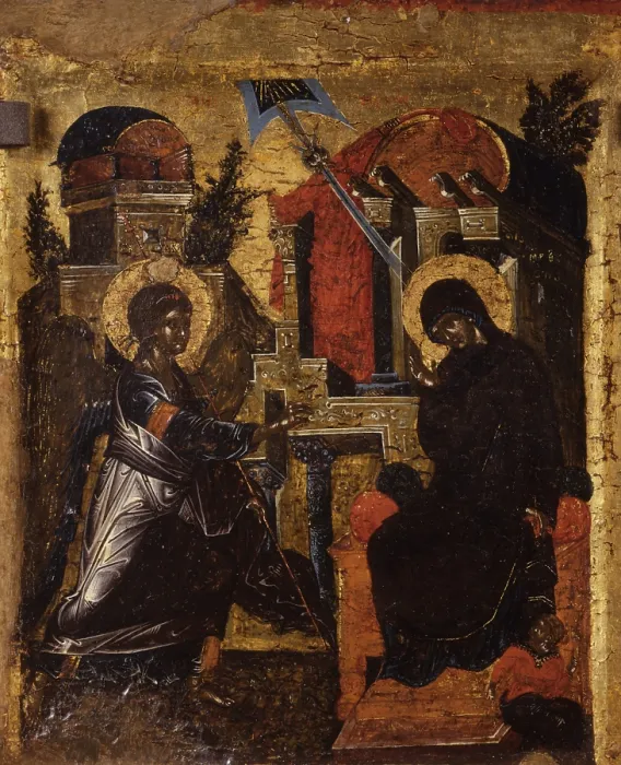 Framed Print : Annunciation, by Unknown Artist, tempera on wood - Albrania, Berat, Onufri Museum. Whole artwork view. The Virgin sits and listens to te announcement by archangel Gabriel