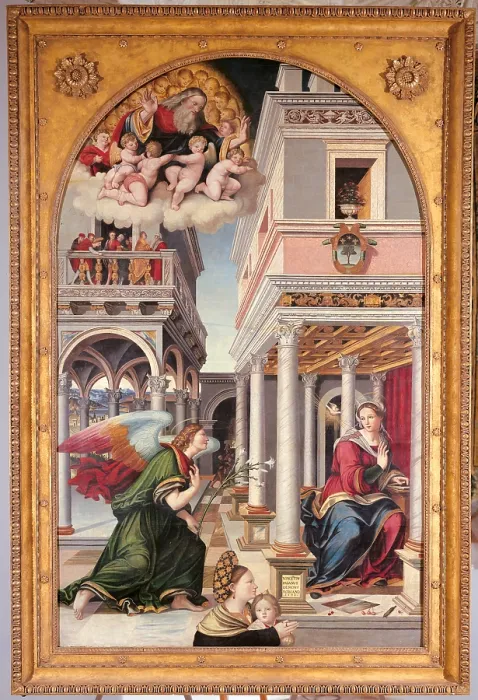 Framed Print : The Annunciation, by Vincenzo Pagani, 1532, 16th Century, Painting on panel, cm 284 x 179 - Italy, Marche, Pesaro Urbino, Urbino, Marche National Gallery Framed Print : The Annunciation, by Vincenzo Pagani, 1532, 16th Century, Painting on panel, cm 284 x 179 - Italy, Marche, Pesaro Urbino, Urbino, Marche National Gallery