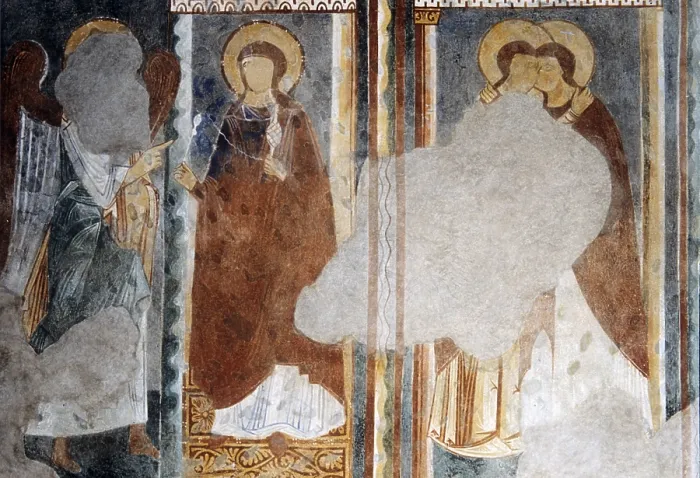 Framed Print : Annunciation and Visitation, by Unknown Artist, 13th Century, fresco - Italy, Sardegna, Galtelli, Church of Saint Peter. Detail. Fragment of the detail of the fresco