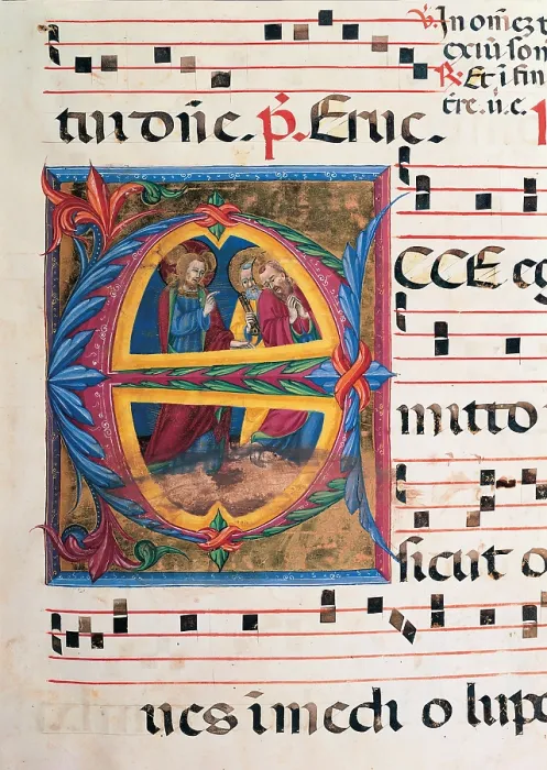 Framed Print : Anonymous Sienese painter, Day and night Antiphonary of the Common of Saints, 15th Century, illuminated manuscript, Italy, Tuscany, Siena, Osservanza Basilica