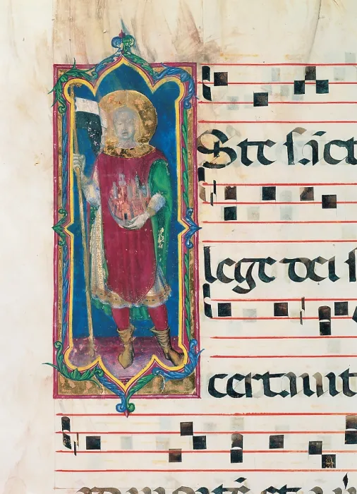 Framed Print : Anonymous Sienese painter, Day and night Antiphonary of the Common of Saints, 15th Century, illuminated manuscript, Italy, Tuscany, Siena, Osservanza Basilica
