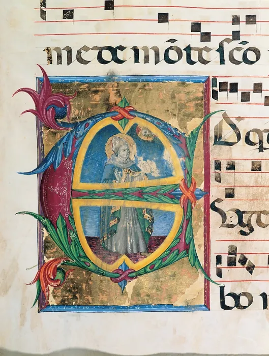 Framed Print : Anonymous Sienese painter, Day and night Antiphonary of the Common of Saints, 15th Century, illuminated manuscript, Italy, Tuscany, Siena, Osservanza Basilica