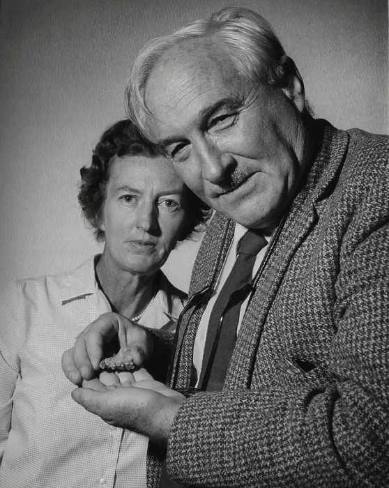 Framed Print : Anthropologists Mary Douglas Leakey and her husband Louis Leakey. Louis is holding the fragment of an early human jaw bone with molars. Ca. 1960s. - (BSLOC_2015_1_57) Framed Print : Anthropologists Mary Douglas Leakey and her husband Louis Leakey. Louis is holding the fragment of an early human jaw bone with molars. Ca. 1960s. - (BSLOC_2015_1_57)