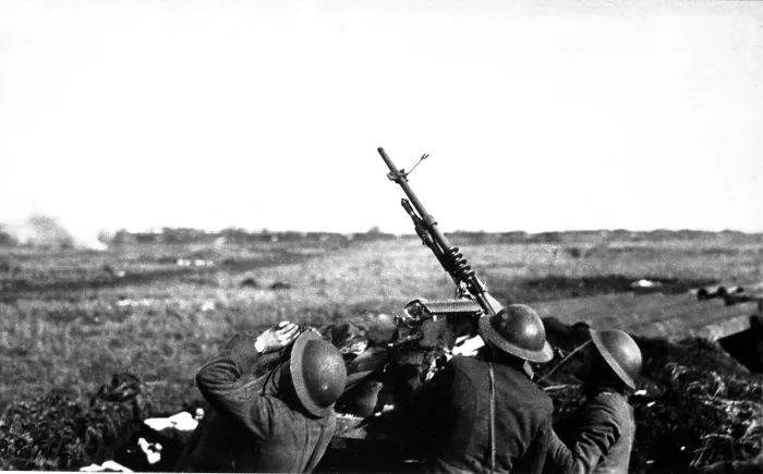 Framed Print : Anti-aircraft machine gun of 101st Field Artillery firing on a German observation plane at Plateau Chemin des Dames, France. World War I. March 5, 1918