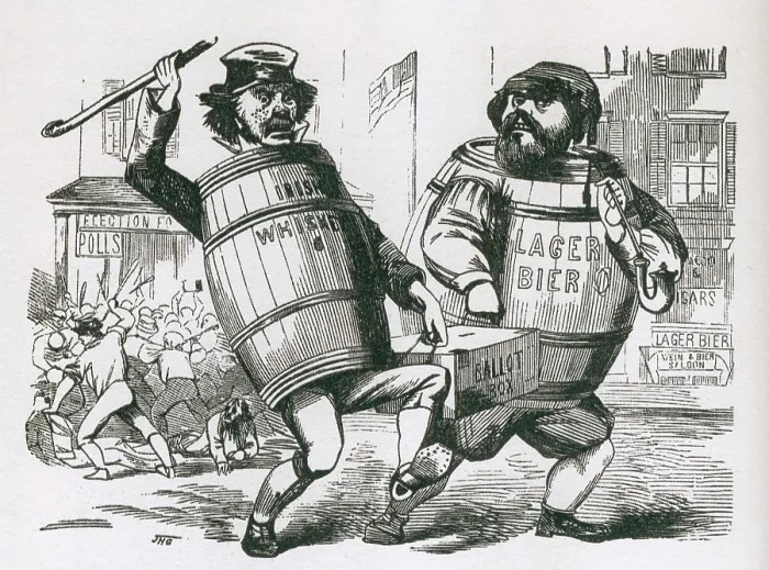 Framed Print : Anti-Immigrant cartoon showing two men with barrels as bodies, labeled Irish Wiskey and Lager Bier, carrying a ballot box Framed Print : Anti-Immigrant cartoon showing two men with barrels as bodies, labeled Irish Wiskey and Lager Bier, carrying a ballot box