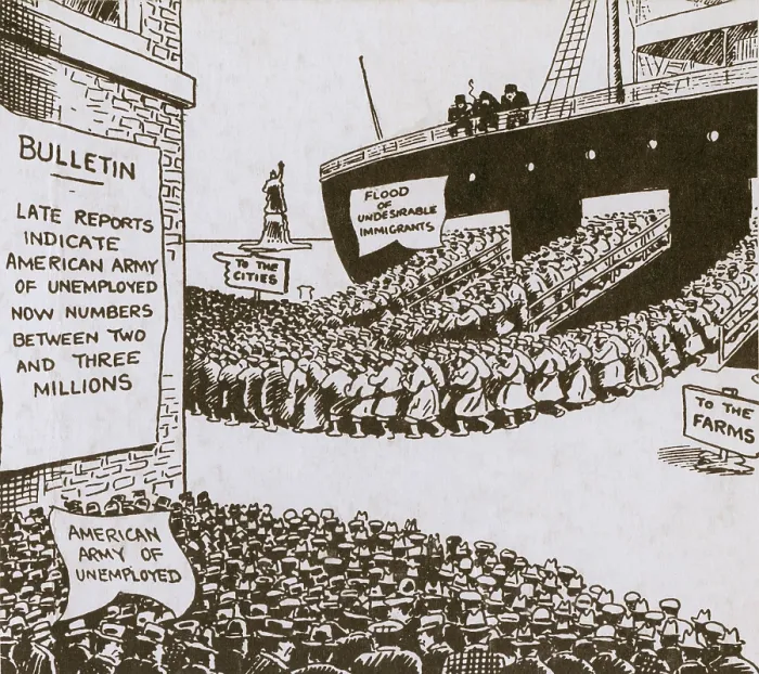 Framed Print : Anti-immigration cartoon of shows disembarking immigrants heading for the American cities as an army of unemployed Americans watch. Ca. 1920 Framed Print : Anti-immigration cartoon of shows disembarking immigrants heading for the American cities as an army of unemployed Americans watch. Ca. 1920