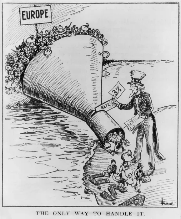 Framed Print : Anti-immigration political cartoon in THE LITERARY DIGEST of May 7, 1921. A funnel crowded with European emigrants at the top delivers only a trickle to the US (BSLOC_2018_1_96)