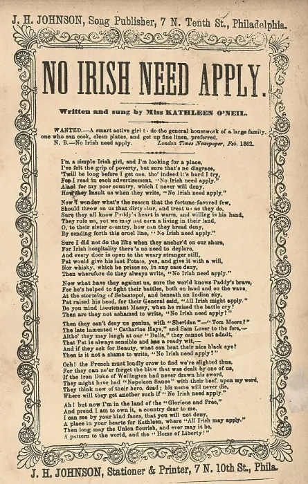 Framed Print : Anti-Irish. No Irish Need Apply, sheet music, includes reproduction of newspaper ad: WANTED.--A smart active girl to do the general housework of a large family, one who can cook
