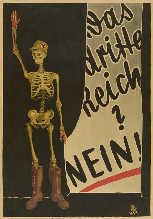 Framed Print : Anti-Nazi poster, ca. 1930 depicts skeleton with bloody hands, a hat with swastika on it, and boots that lace to the knee Framed Print : Anti-Nazi poster, ca. 1930 depicts skeleton with bloody hands, a hat with swastika on it, and boots that lace to the knee