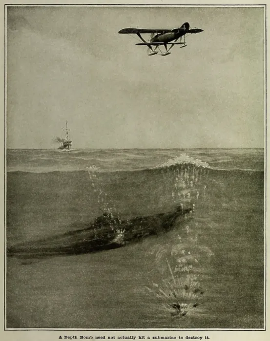 Framed Print : Anti-submarine depth-charge dropped from an airplane explodes underwater near a submerged U-boat. World War 1 era illustration (BSLOC_2016_13_165.jpg ) Framed Print : Anti-submarine depth-charge dropped from an airplane explodes underwater near a submerged U-boat. World War 1 era illustration (BSLOC_2016_13_165.jpg )