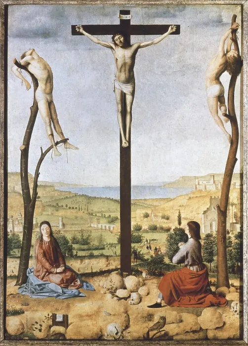 Framed Print : Antonello da Messina. Crucifixion. 1475. At his feet, the Virgin and Saint John the Evangelist. Renaissance art. Quattrocento. Oil on wood. BELGIUM. Antwerp