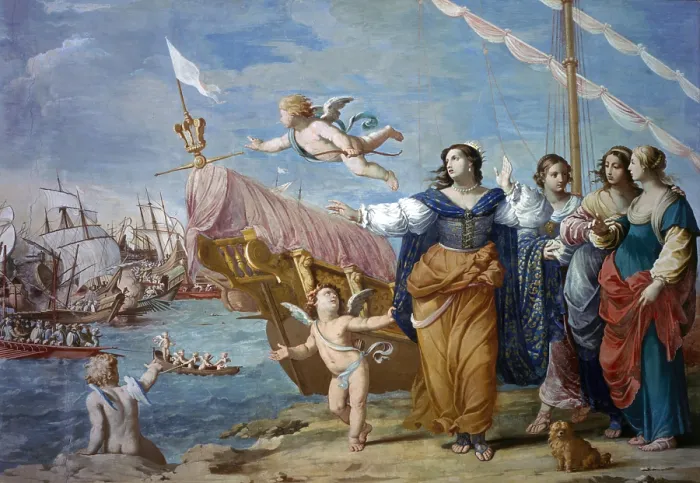 Framed Print : Antonio abandons his men in the battle of Pythian, by Jean Boulanger, half 17th Century, oil on canvas - Italy, Emilia Romagna, Sassuolo, Royal Palace. Detail
