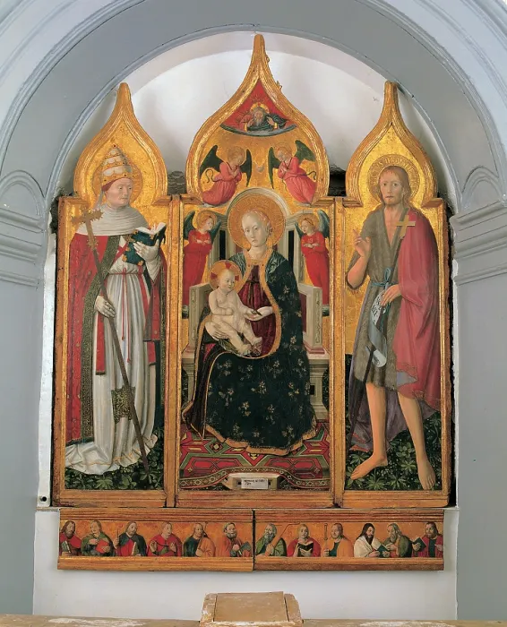 Framed Print : Antonio da Fabriano, Enthroned Madonna and Child with Sts John the Baptist and Clement Pope, 1474, 15th Century, tempera and gold on board, Italy, Marche, Genga, Ancona