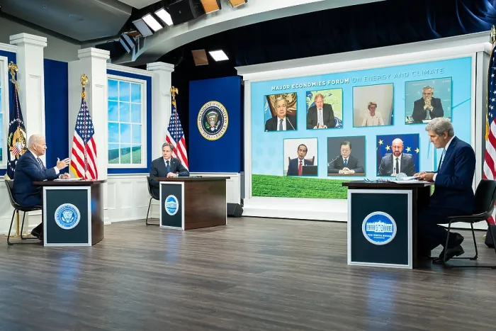 Framed Print : Antony Blinken and Special Presidential Envoy for Climate John Kerry participate in a virtual meeting of the Major Economies Forum on Energy and Climate, Sep. 17, 2021
