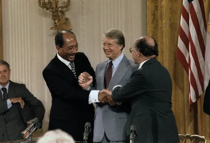 Framed Print : Anwar Sadat Jimmy Carter and Menahem Begin at the Camp David Accords signing ceremony which lead to a Peace treaty between Egypt and Israel. Sept. 17 1978