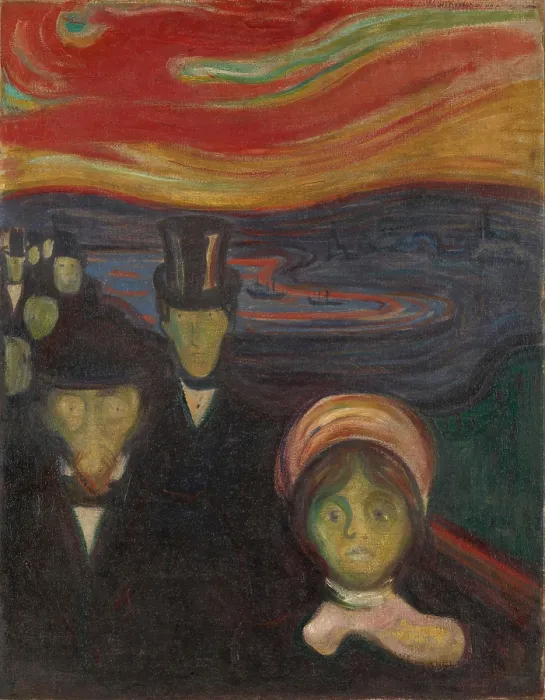 Framed Print : Anxiety, 1894, by Edvard Munch, 1863-1944, Norwegian Expressionist painting, oil on canvas. Nine bourgeois people are on a bridge with their eyes starring forward