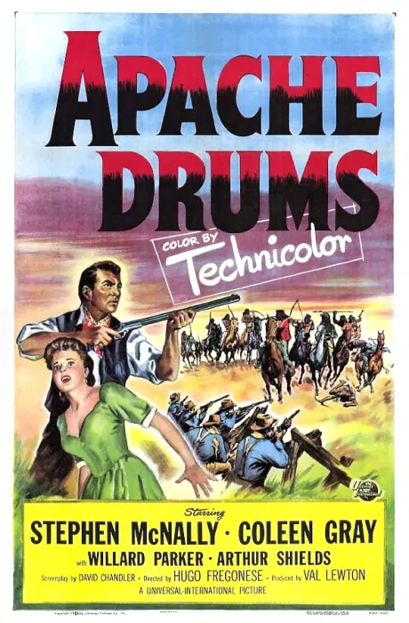 Framed Print : APACHE DRUMS, US poster, left from top: Stephen McNally, Coleen Gray, 1951