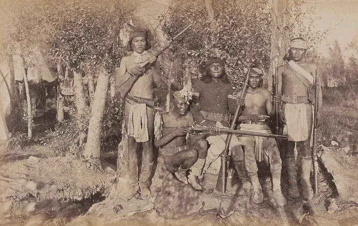 Framed Print : Apache Scouts at Fort Apache, ca. 1884-87, were photographed by Christian Barththelmess, during the Chiricahua Apache War, 1882-87
