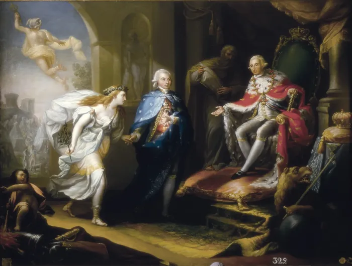 Framed Print : APARICIO INGLADA, Jose (1773-1838). Godoy Presenting Peace to Charles IV. 1796. Allegory of the Peace of Basel (1795) which ended the Convention War between Spain and France Framed Print : APARICIO INGLADA, Jose (1773-1838). Godoy Presenting Peace to Charles IV. 1796. Allegory of the Peace of Basel (1795) which ended the Convention War between Spain and France