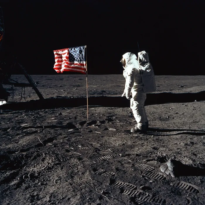 Framed Print : Apollo 11 Astronaut Buzz Aldrin beside the United States flag during the first lunar landing mission. July 20, 1969