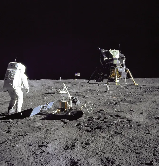 Framed Print : Apollo 11 astronaut Edwin Aldrin looks back at Tranquility Base. Aldrin just deployed a passive Seismic experiment and a Laser Ranging Retro-Reflector (foreground). July 20, 1969 Framed Print : Apollo 11 astronaut Edwin Aldrin looks back at Tranquility Base. Aldrin just deployed a passive Seismic experiment and a Laser Ranging Retro-Reflector (foreground). July 20, 1969